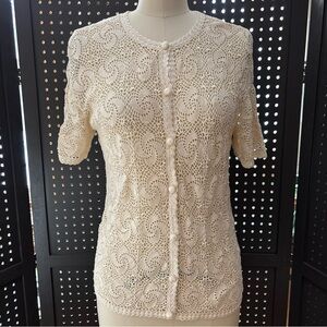Hand Crocheted Ivory Lace Short Sleeve Button Down Top